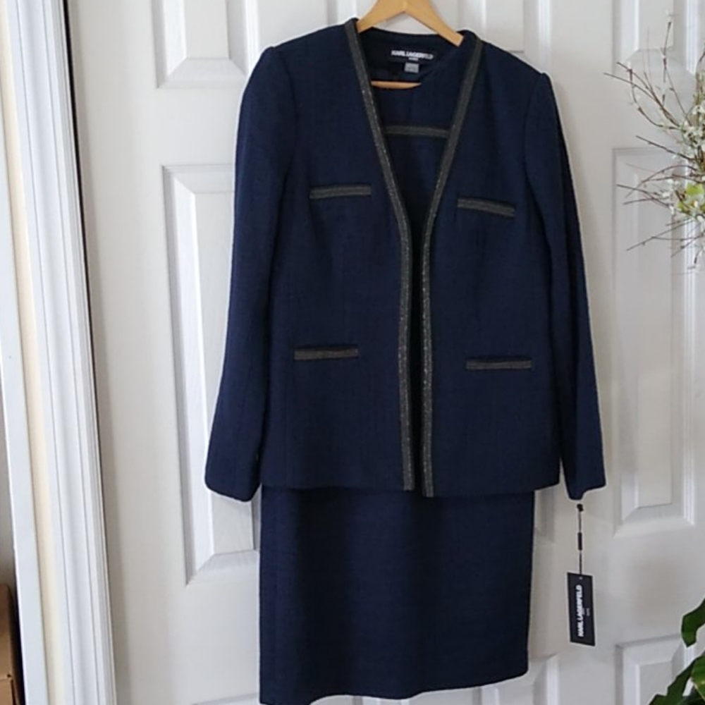 Karl Lagerfeld beautiful navy blue tweed dress and jacket set